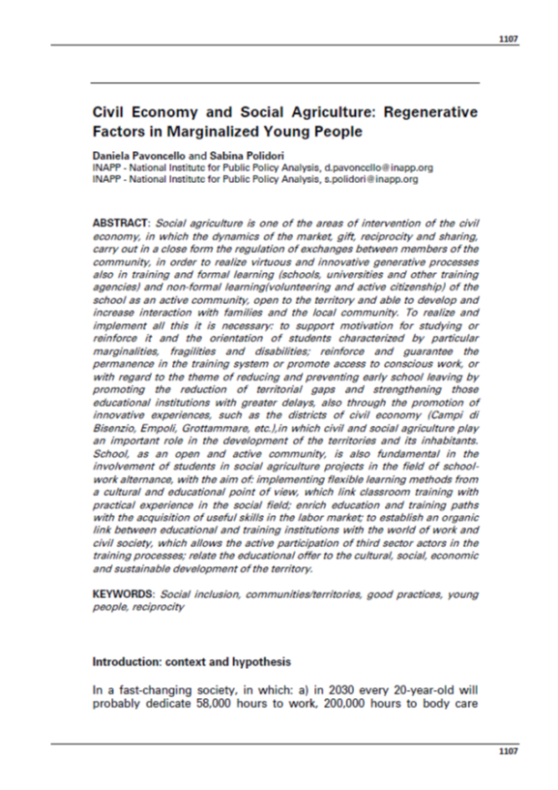 Cover  Civil economy and social agriculture: regenerative factors in marginalized young people