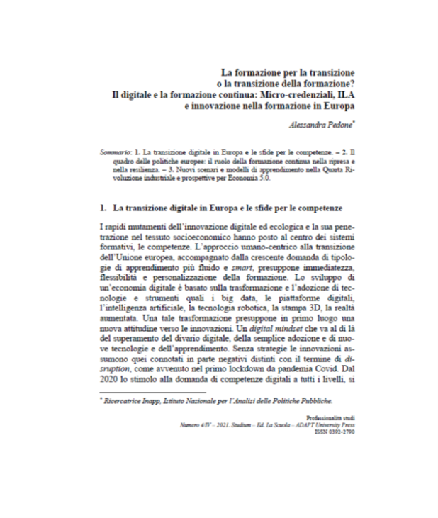 Cover  La formazione per la transizione o la transizione della formazione? Il digitale e la formazione continua: micro-credenziali, ILA e innovazione nella formazione in Europa